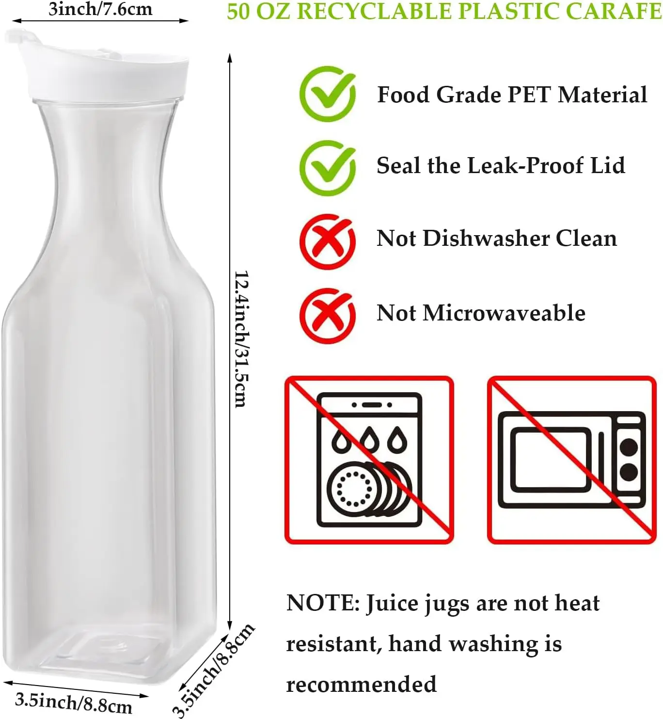 3 Caraffe Per Acqua In Plastica PET Da 1,5L Con Coperchio A Prova Di Perdite - Contenitori Quadrati Per Succhi, Latte, Tè - Con Etichette E Penna Bianca
