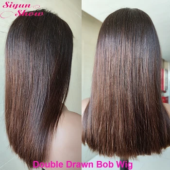 Raw Vietnamese Bone Straight Wigs Double Drawn Short Bob Human Hair Wig Pre Plucked HD Transparent Lace Frontal Wig Ombre Brown 1