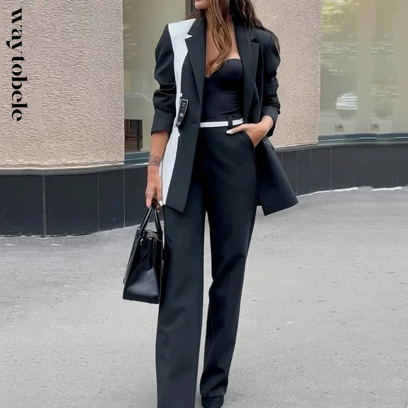 Waytobele Women Blazer Suit Autumn Office Fashion Splicing Lapel Single Button Long Sleeve Top Loose With Pockets Pants Sets ninimour summer women casual daily one piece suit sets cool v neck short sleeve workwear zipper design romper with pockets