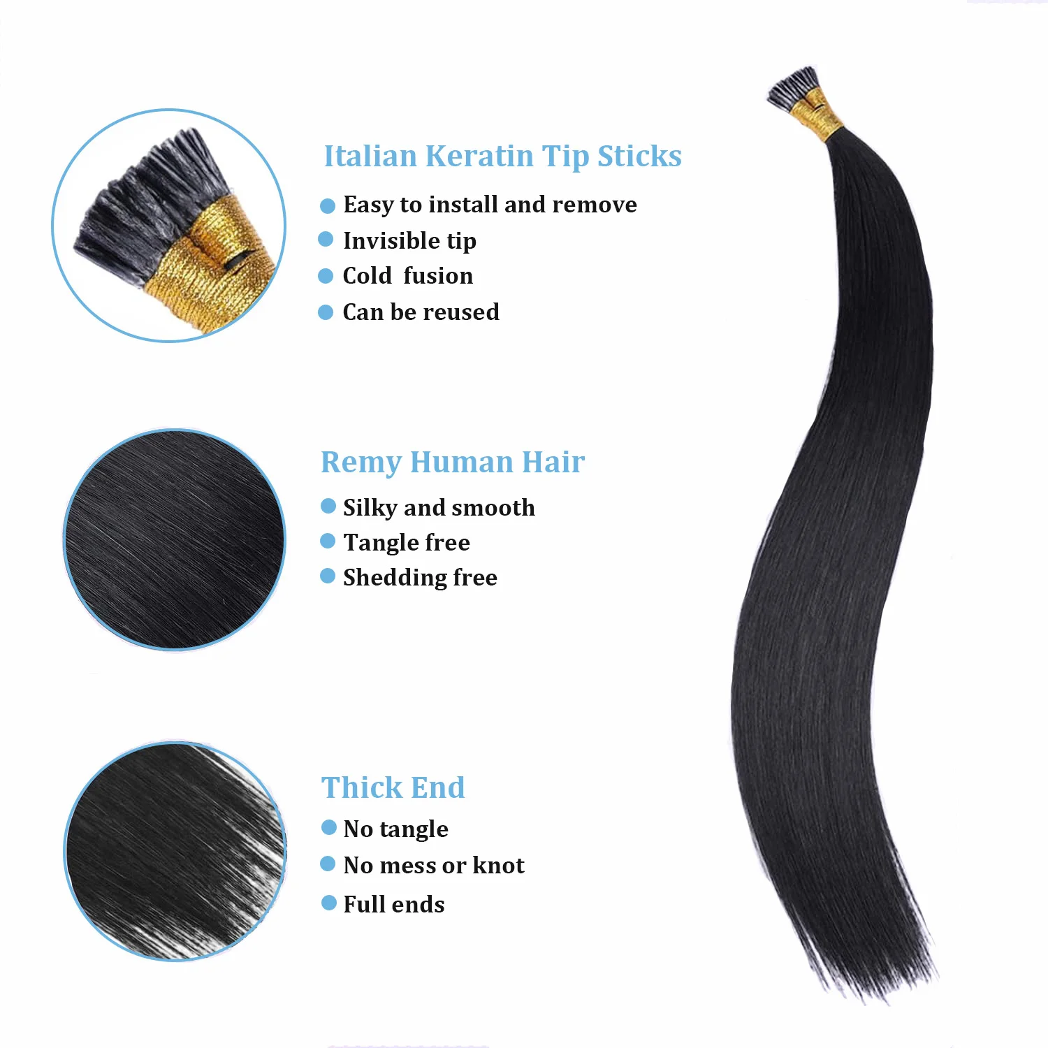Extensioni per capelli I-Tip in cheratina a fusione a caldo, pre-legate, in vero capello umano Remy, colore nero, 50 ciocche a stick - immagine 2