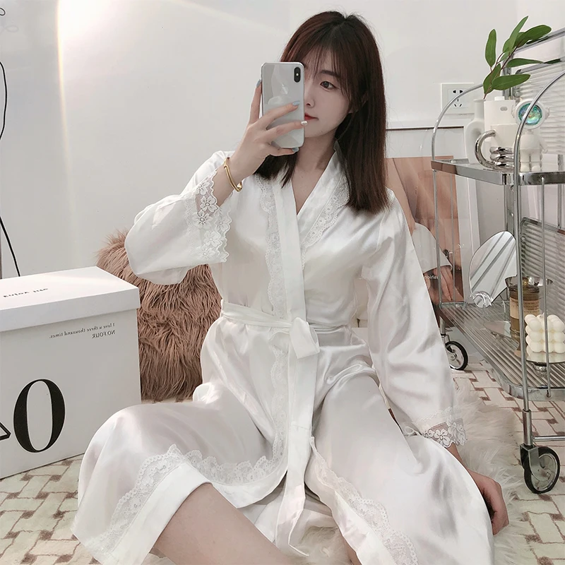 New spring and autumn women's nightgown home service women's ice silk mid-length bathrobe sexy lace silk nightgown with belt