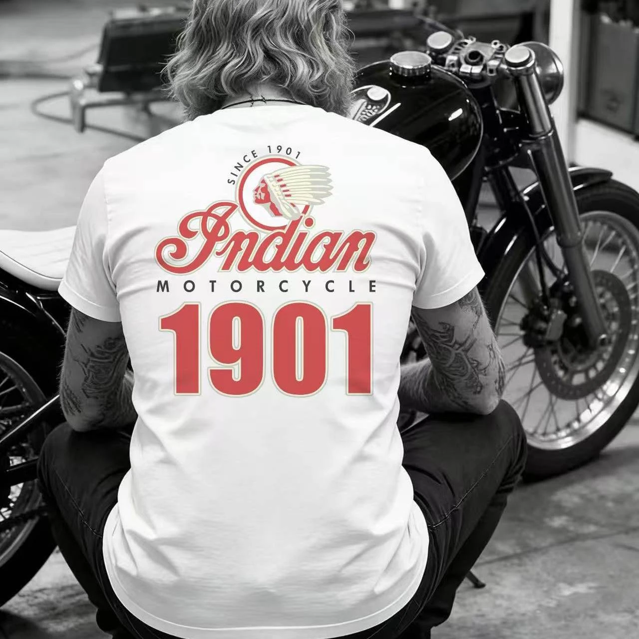 Indian 1901 American Vintage Motorcycle Club Herren- und Damen-T-Shirt mit Rundhalsausschnitt, locker geschnitten, langärmelig, aus Baumwolle