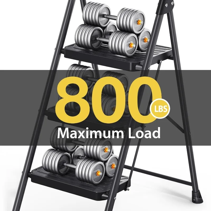 3 Step Ladder, Sturdy Steel Step Stool with Anti-Slip Wide Pedals, Handrail, Safe-Lock Design, Pass 800lbs L 4