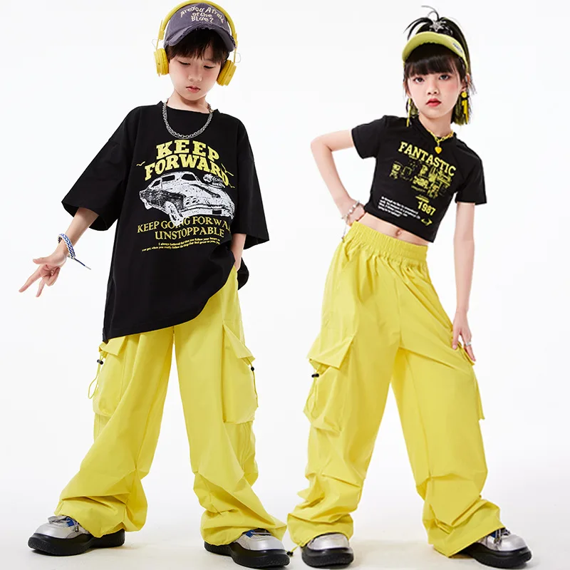 

Hip Hop Boys Retro Loose Print T-shirt Street Dance Cargo Pants Girls Short Sleeve Crop Top Child Clothes Sets Kids Jazz Costume