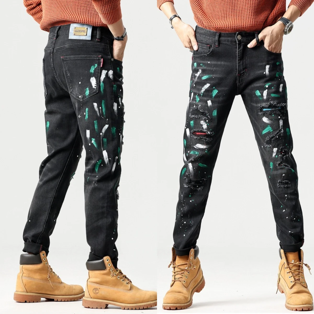Speckled Embroidered Horse Jeans Men's High Elastic Loose Hole 3D Worn Zipper Bleached Slim Fit Straight Leg Pants Flaps Winter2