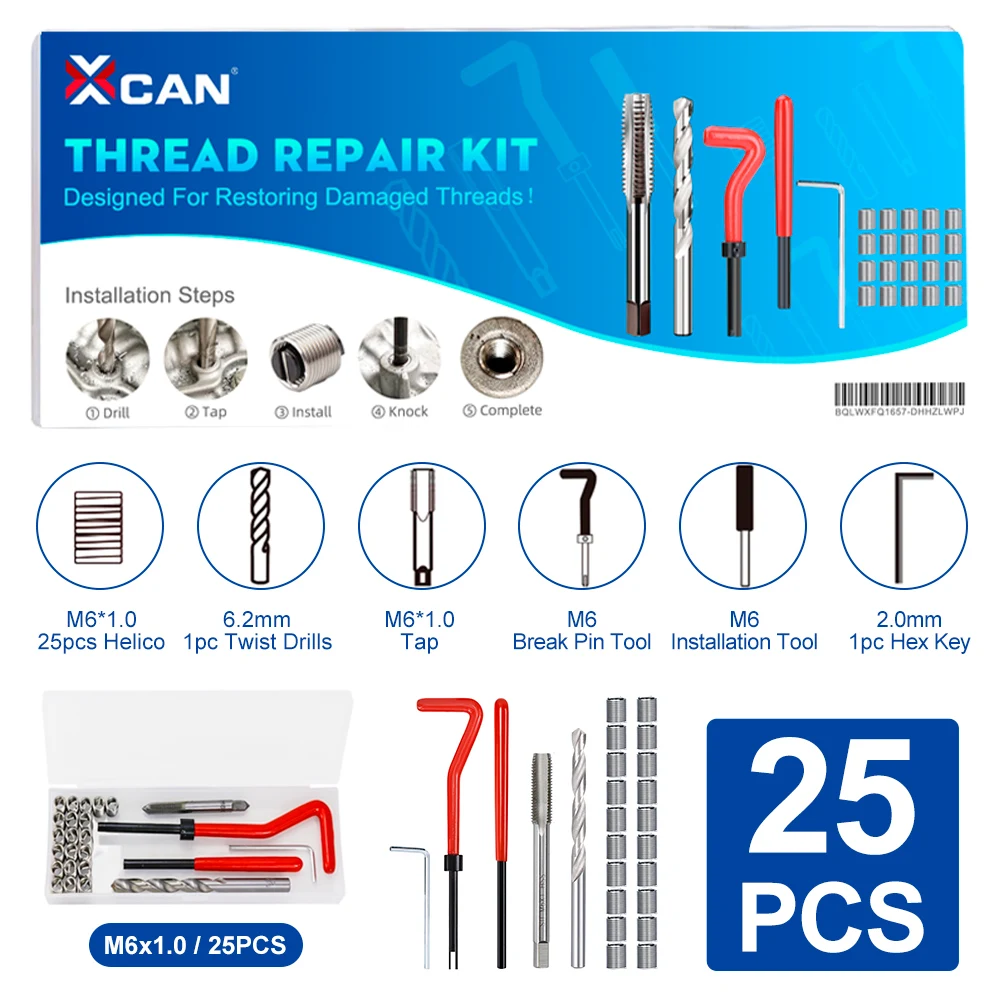 XCAN Thread Repair Tool Kit M3 M4 M5 M6 M8 M10 M12, 25 30 75 131pcs Metric Screw Helicoil Drill Bit for Restoring Damaged Thread