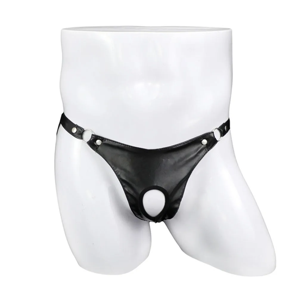 

Men's Sexy Underwear Artificial Leather Metal Ring Thong Jock Strap Underpants Jockstrap Panties Buttocks Hollow Thongs Erotic