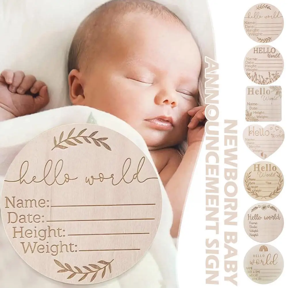 

1pc Wooden Hello World Birth Announcement DIY Sign Birth Baby Photography Baby Recording Card Wood Cards Cards Props Milest Q7D4
