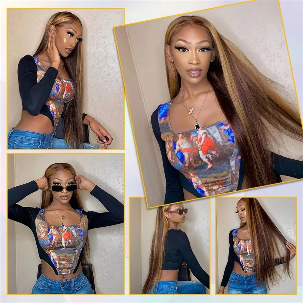 Highlight Wig 13x6 Human Hair Honey Blonde Brown Colored HD Lace Front Wigs For Women Pre Plucked Bone Straight Lace Frontal Wig 5