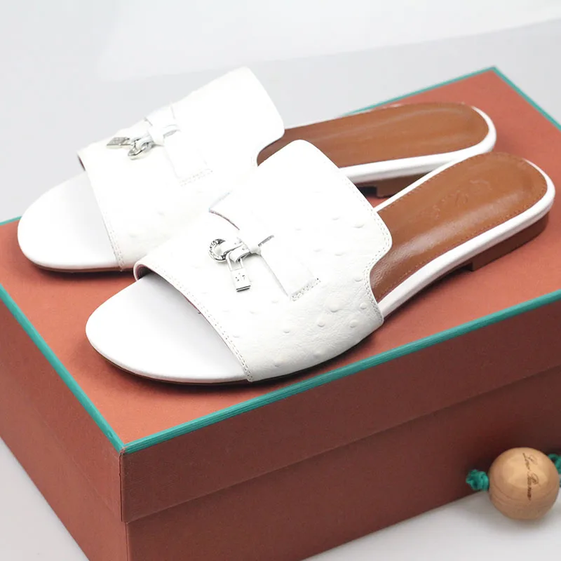 

Summer New Ostrich Pattern Genuine Leather Top Quality High Grade Decorative Buckle Flat Bottom Comfortable Large Size Women