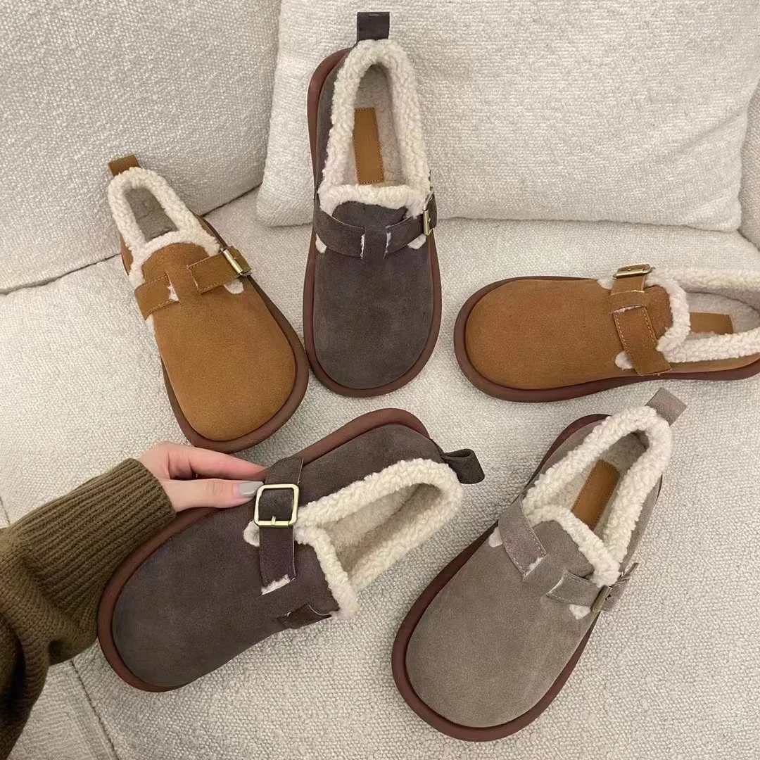 New Women's Fleece Shoes Winter Warm Snow Boots Thick Sole Round Head Comfort Cotton Shoes Casual Bean Loafers Urban