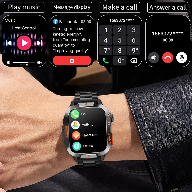 LIGE 1.96 inch HD Screen Smart Watch With LED Lighting IP68 Waterproof Outdoor Sports Health Monitor Smartwatch For Android IOS