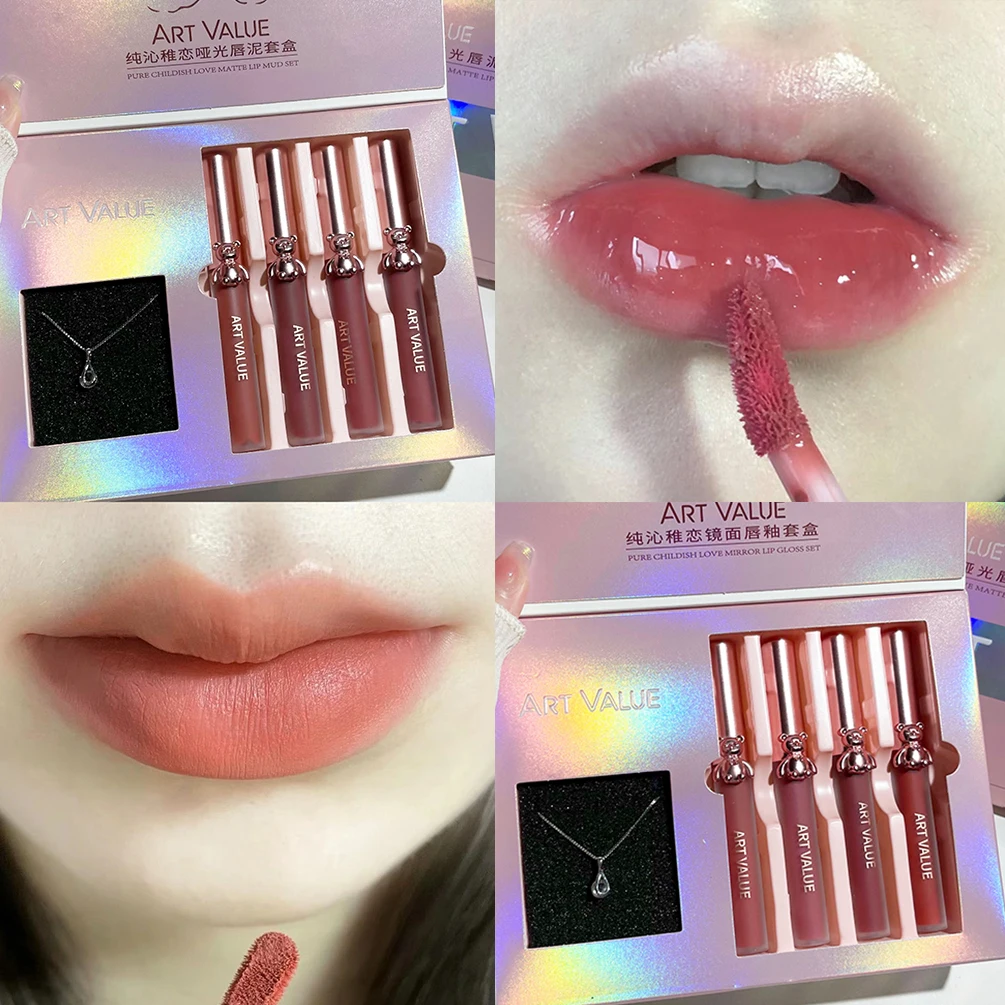 Matte Liquid Lipstick Lip Gloss Set Moisturizing Sexy Makeup Mirror Lip Glaze Necklace Lipgloss Cosmetics For Women Perfect Gift 2