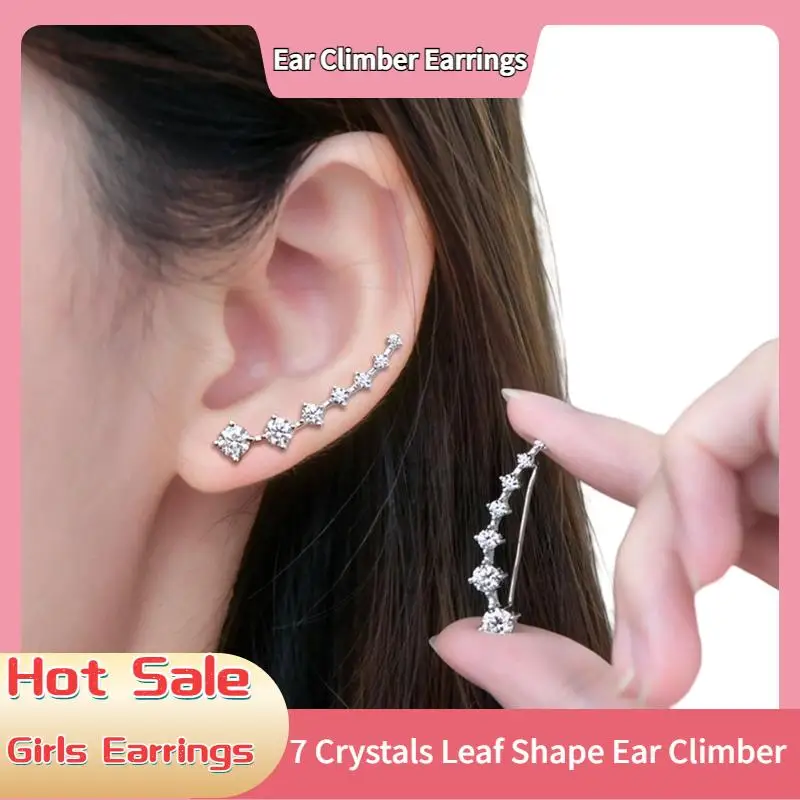 1 Pair Seven Star Crystals Leaf Shape Ear Climber Stud Earrings Alloy Ear Cuff Hook Ear Climbers For Women Girls Jewelry Gifts