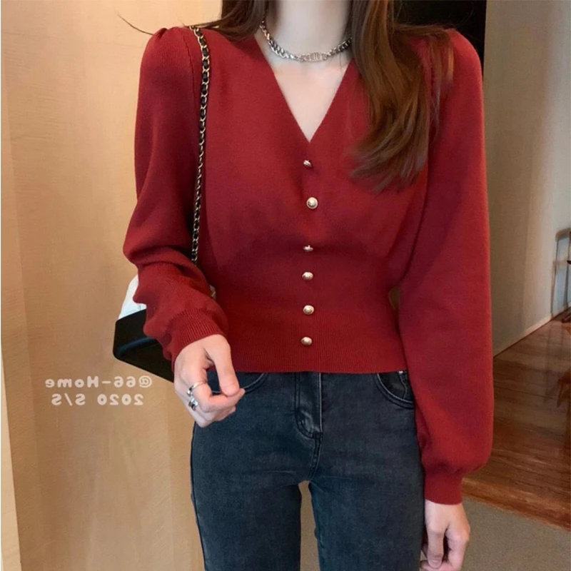 

Fashion Women Sweaters 2023 New Autumn Winter Solid Color Long Sleeve Knitwear Tops Korean Fashion V-Neck Women's Clothing