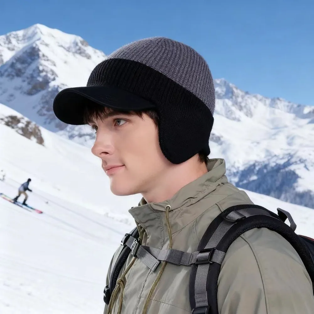 Fashion Ear Protection Men Knitted Cap Keep Warm Casual Beanies Hat Knit Wool Short Brim Ear Muff Hat for Men Women