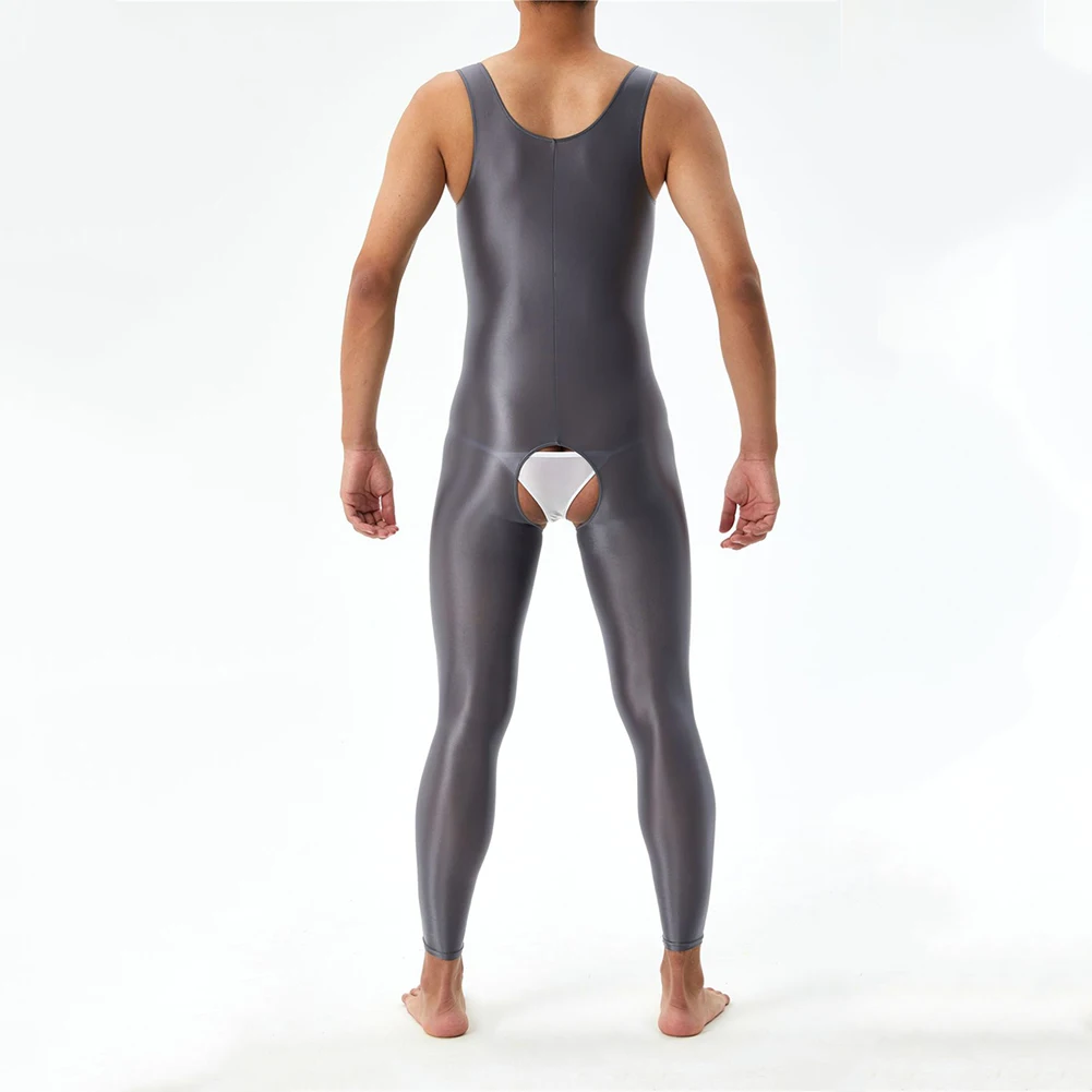 Men Crotchless Bodysuit Erotic Underwear Sexy Glossy Oil Shiny Jumpsuit Sleeveless FullBody Stockings Elastic Seductive Lingerie