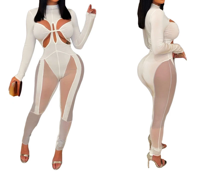 Women's Spring and Summer New Mesh Stitching Sexy Wispy Empty Jumpsuit Fashion Casual Party Sexy Jumpsuits Female and Lady Rompe