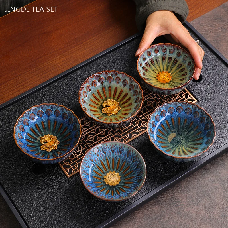 100ml Exquisite Kiln Change Gold Lotus Tea Cup Ceramic Home Master Cup Handmade Beauty Small Tea Bowl Zen Tea Set Accessories