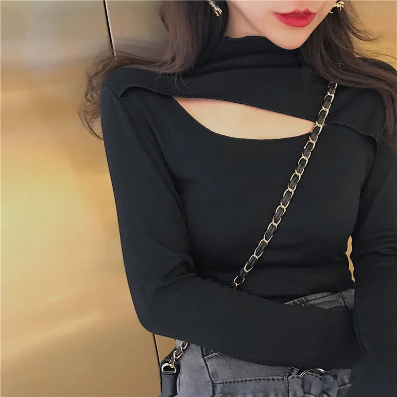 

European Sexy T Hollow Bottomed Shirt Women Tshirt Autumn Winter 2022 New Fashion Slim Ins Semi High Neck Long Sleeve T-shirt