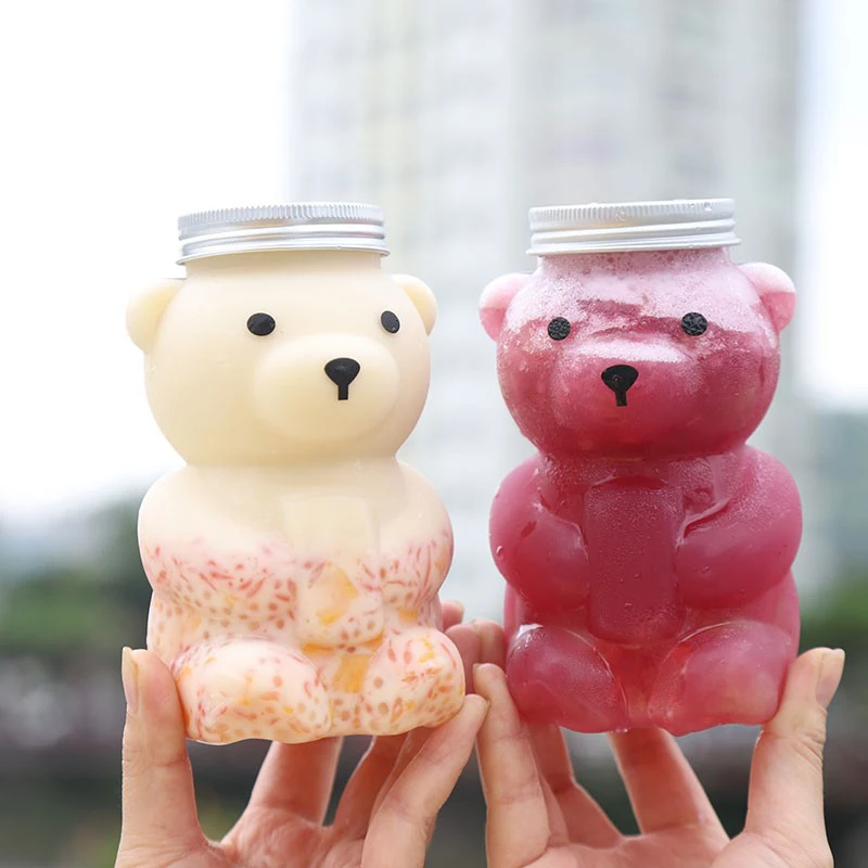 

5Pc 500ml Disposable Sitting Bear Plastic Bottle with Thickened Lid Cute Juice Milk Beverages Honey Candy Coffee Drink Container