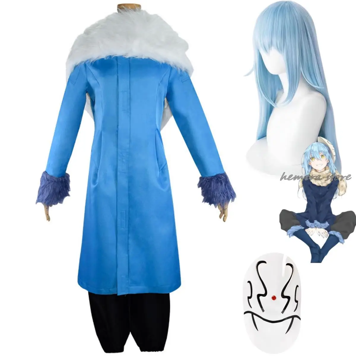 

Anime That Time I Got Reincarnated As A Slime Rimuru Tempest Cosplay Costume Wig Blue Long Fur Collar Coat Mask Man Party Suit