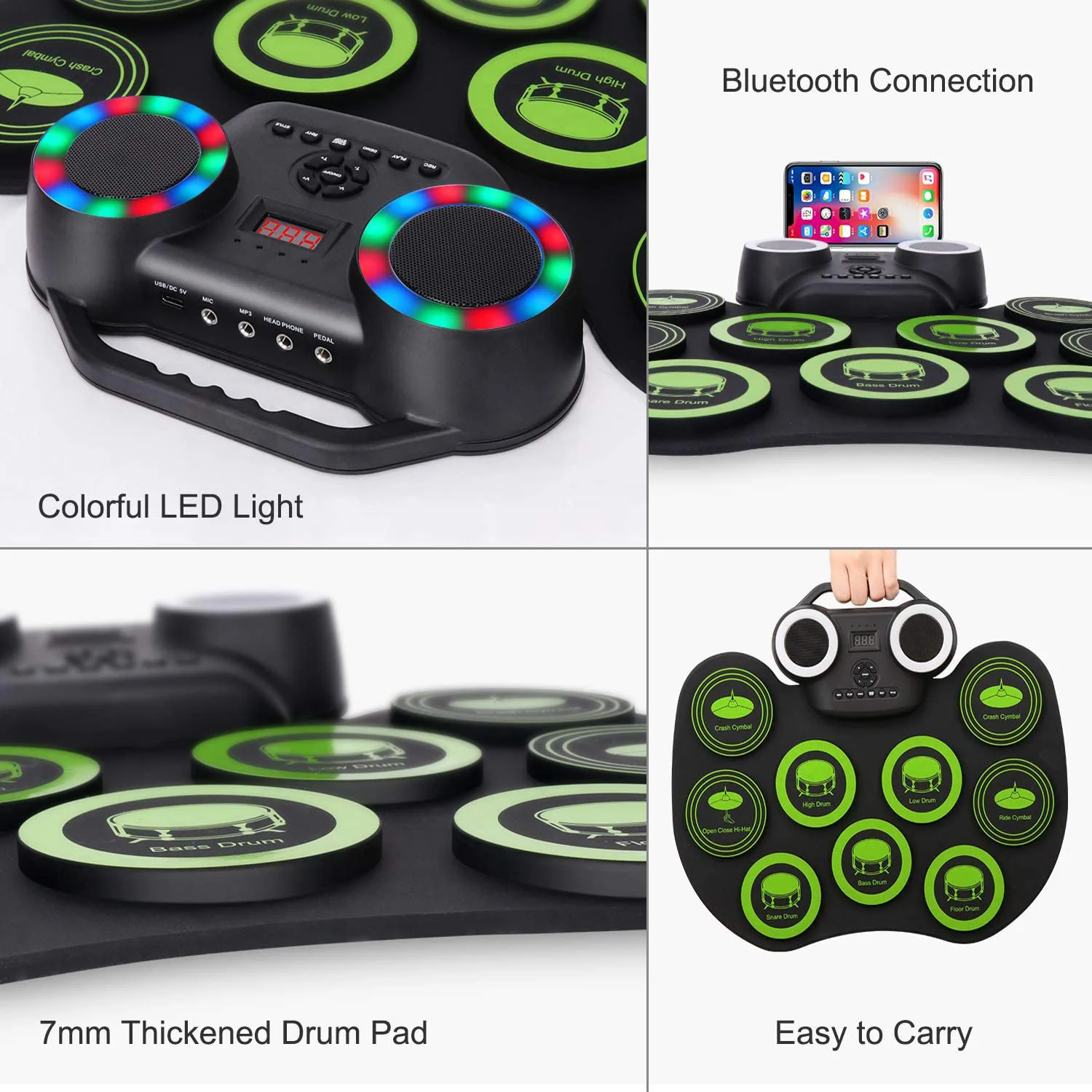 Roll-up Electronic Drum Pad Silicon Digital Drum with Built-in Battery Speakers Foot Pedals Headphone Monitoring Colorful Light