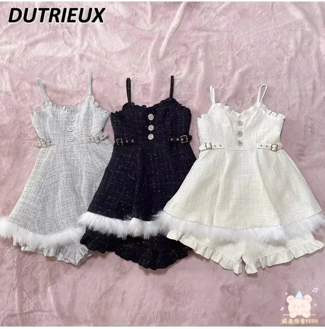 

Sweet Cute Girls Rojita Furry Rhinestone Strap Lace Culottes Mass-Produced Overall Dress and Base Shorts Women's Two Piece Set