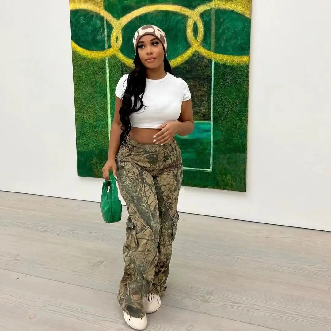 

Casual Vintage Camouflage Wide Leg Cargo Pants 2023 Women Y2k Sweatpants Hippie Side Pocket Streetwear Loose Straight Trousers