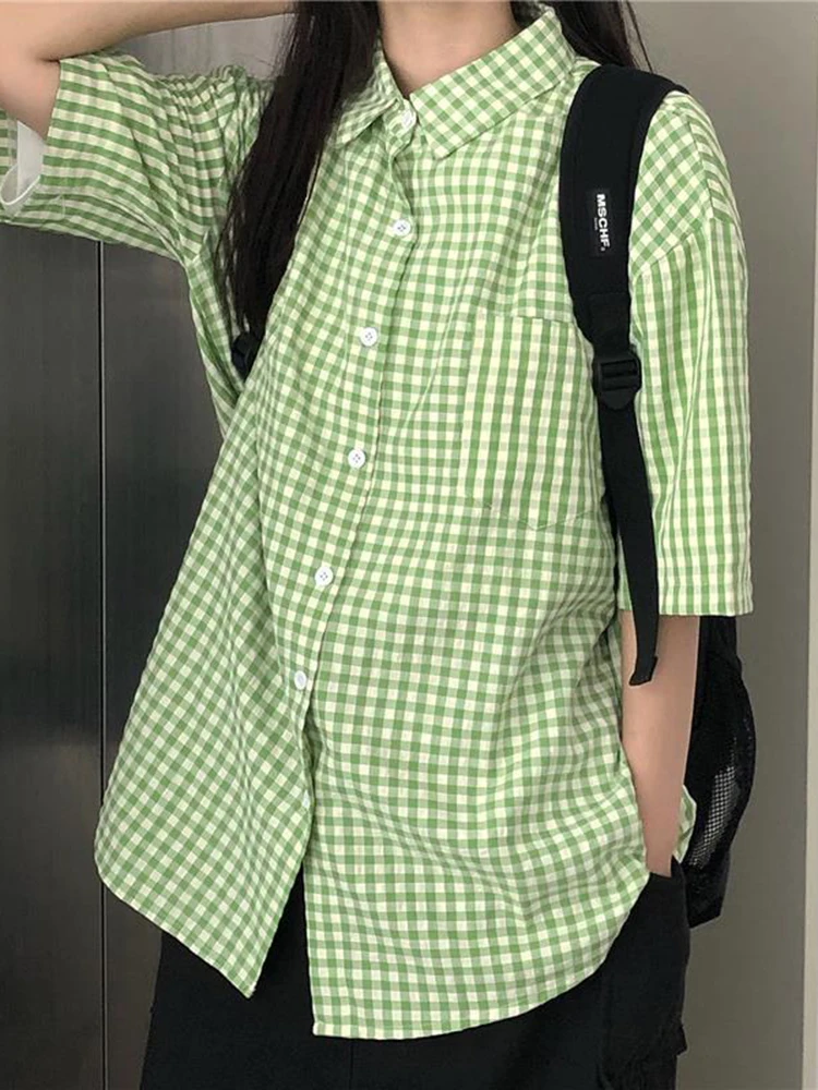 Vintage Green Plaid Women's Casual Top - Kawaii Harajuku Y2K Blouse