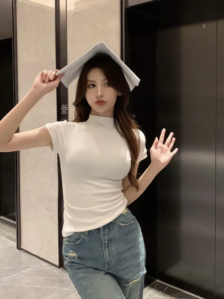 WTEMPO Női Rövid ujjú póló Fél garbó Nyári Trend All-match Top Sexy Slim T-shirt Egyszínű Y2k Top 2023469_voghion.com