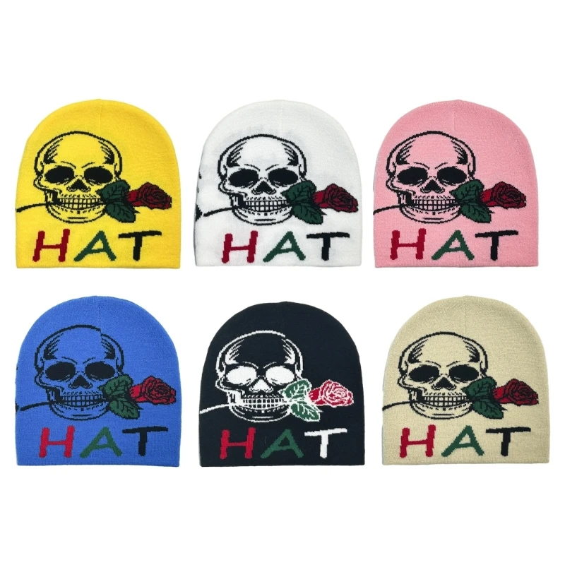 

Вязаная шапка-бини с черепом и розой для студентов, взрослых, ветрозащитная складная зимняя шапка ручной работы, сохраняющая на