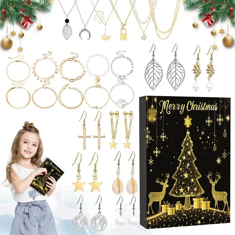 Christmas Advent Necklace Gift Box 24 Days Christmas Countdown Jewelry Earrings Surprise Gift Box Girls Princess Bracelet