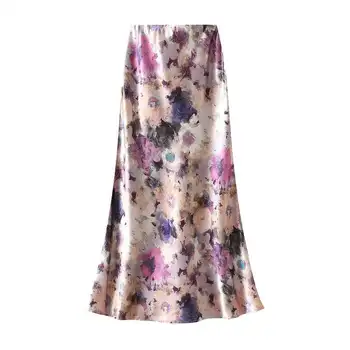 New In Women Spring Summer Floral Print Satin Long Skirts 2026 Trendy High Waist Elegant Faldas