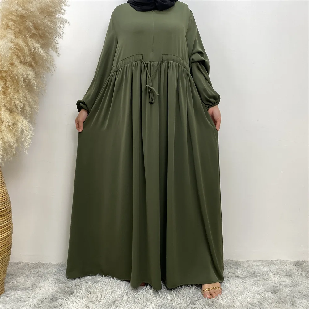 

Eid Muslim Design Solid Color Elastic Sleeve Dresses Women 2023 Summer New O Neck Front Zipper Elegant Large Swing Dress