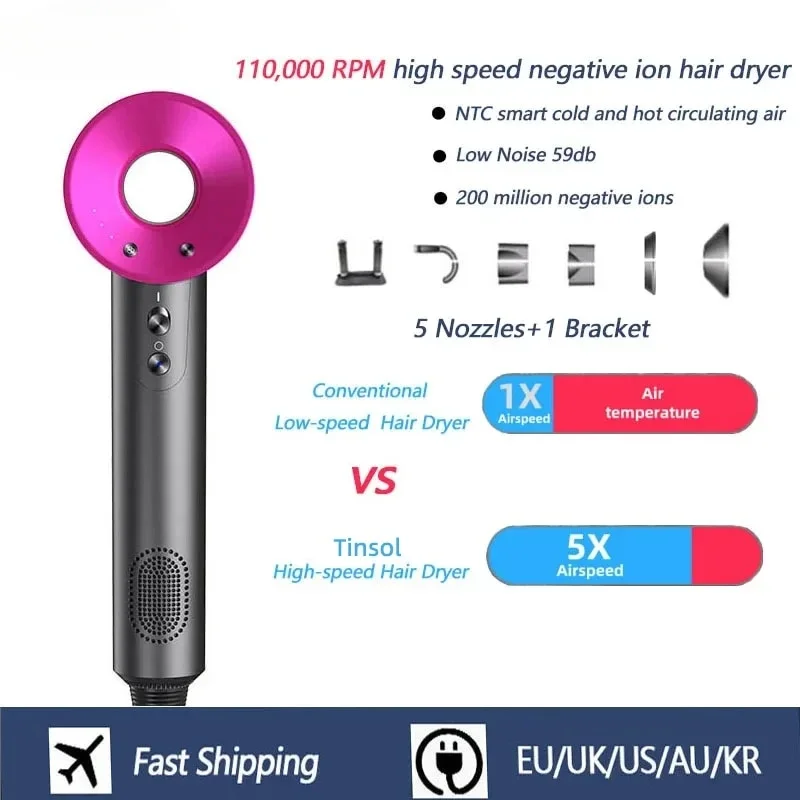 Professional Negative Ion Hair Dryer 5 Attachments for Temperature Control Quick Drying Air collecting&scattering For Home Use