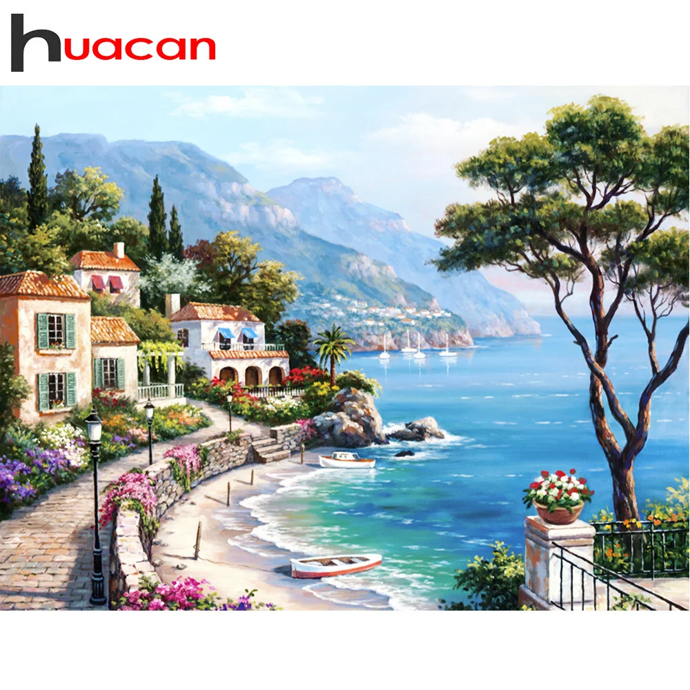 Huacan Diamond Painting Scenic 5D Diamonds Mosaic Seaside Town Picture Rhinestones Full Square Drill Home Decoration diamond painting diamond art painting kit diamond painting set