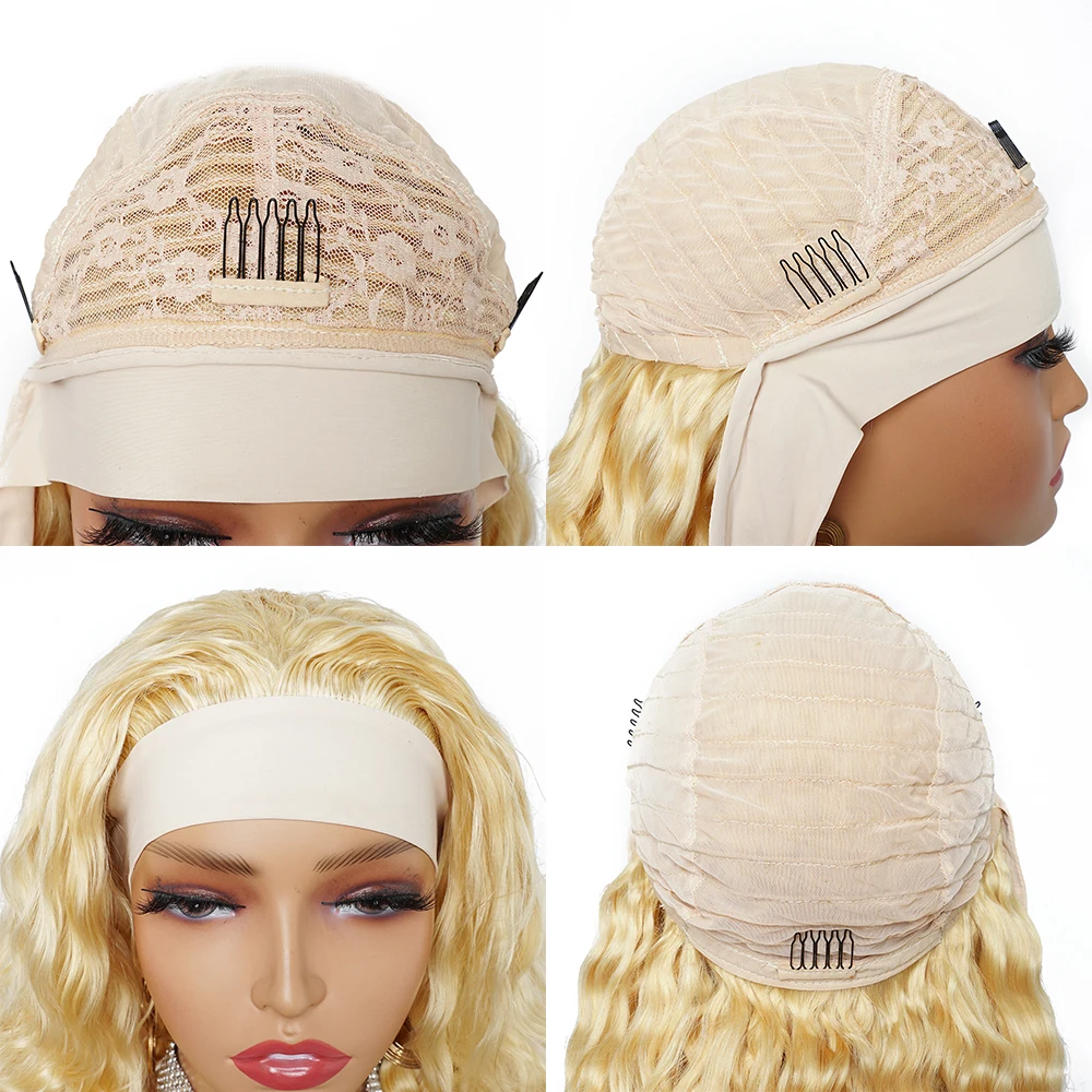 Put And Go 613 Honey Blonde Deep Wave Headband Scarf Wig For Women Indian Remy Human Hair Wigs Full Machine Made 12-26 Inch