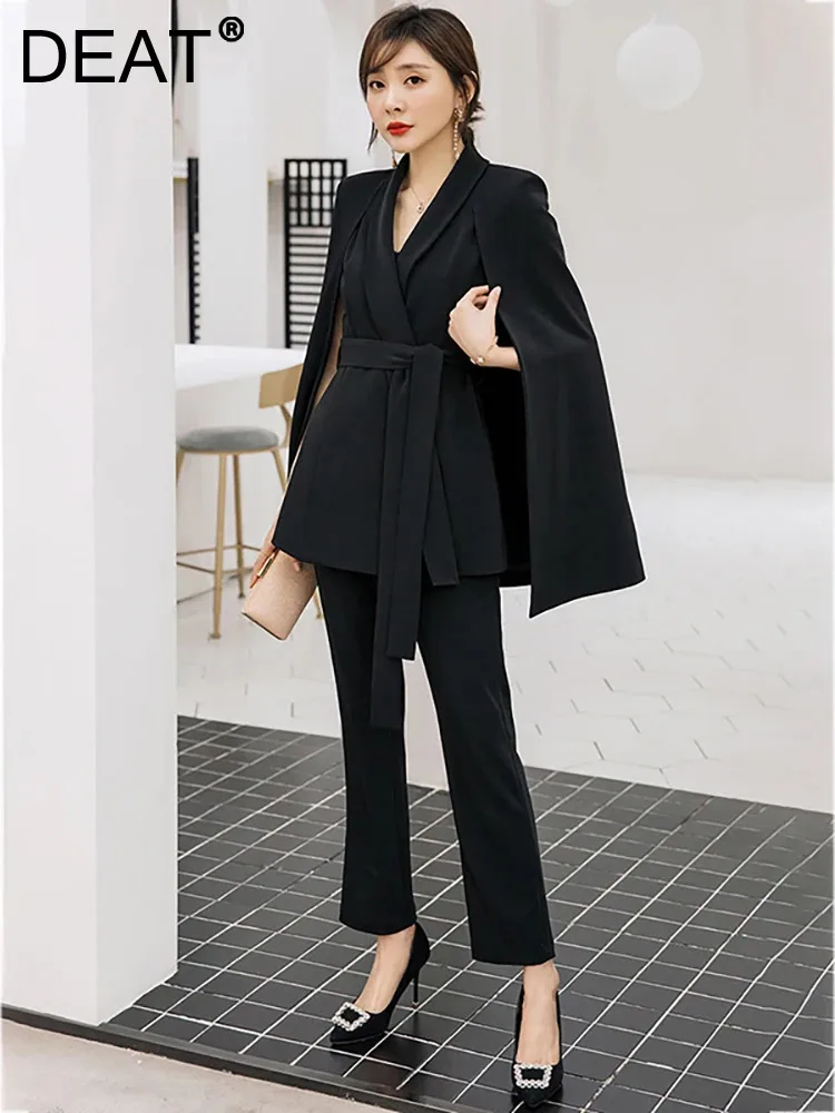 

DEAT Women Fashion Evening Dress Notched Collar Patchwork Shawl Lace-up Waist Party Solid Color Formal 2023 Autumn New 13DB4345