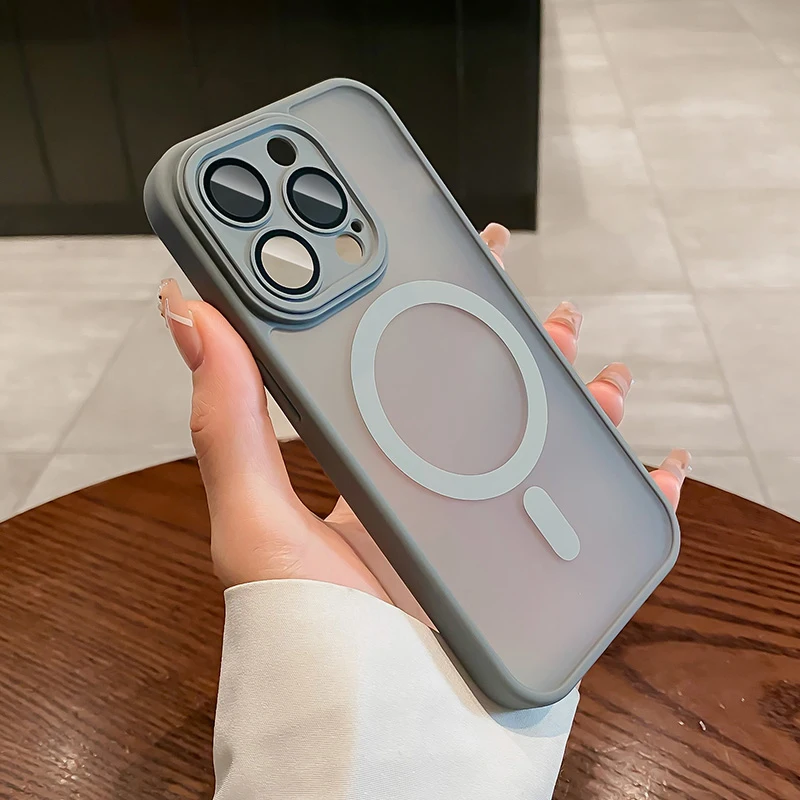 Funda Case For iPhone 15 14 13 12 11 Pro Max Plus Transparent For Magsafe Magnetic Lens Protection Matte Frosted Cover