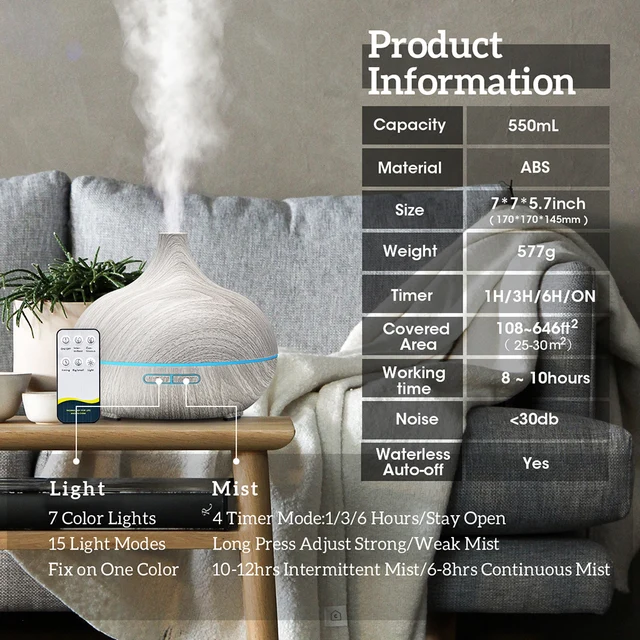 Air Humidifier Essential Oil Diffuser 500ML With Lights Remote Control Ultrasound Electric Aromatherapy Diffuser 2