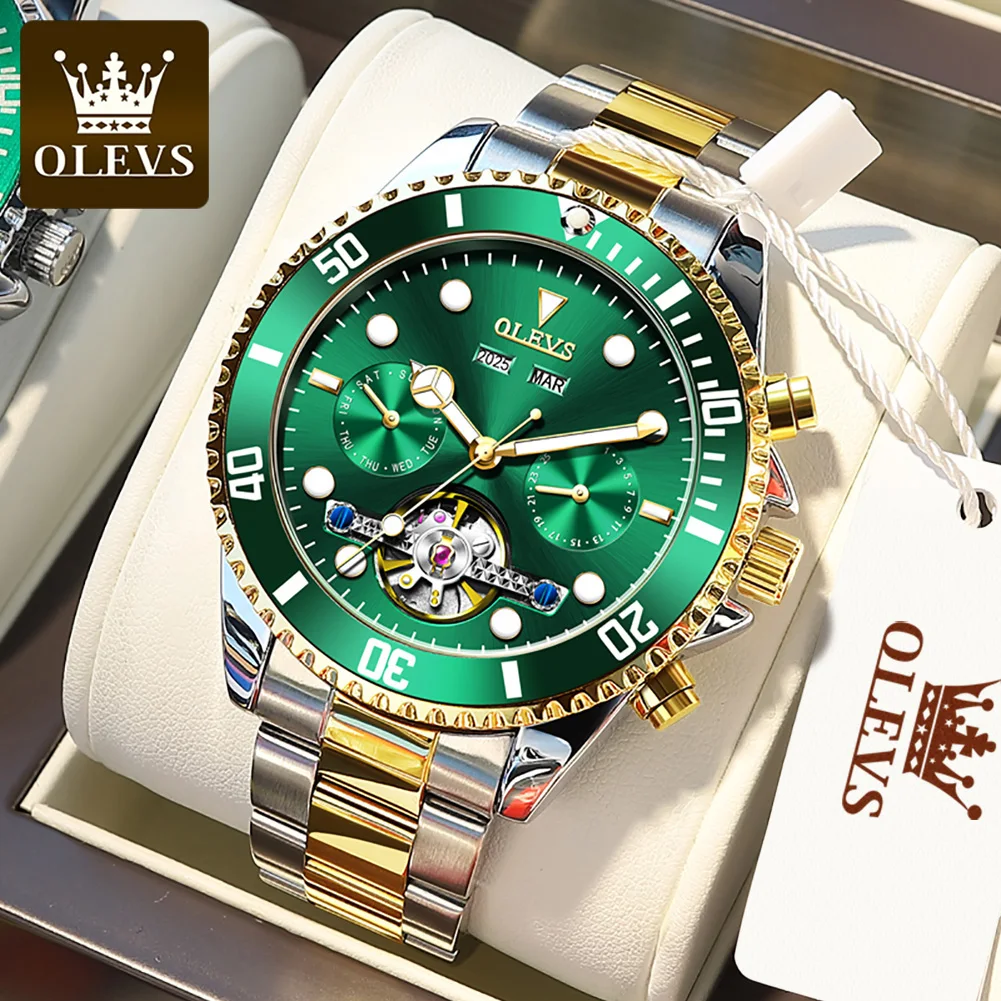 

OLEVS Luxury Watch for Men Original Automatic Mechanical Men's Watches Hollow Dual Calendar Waterproof Wristwatches Reloj Hombre