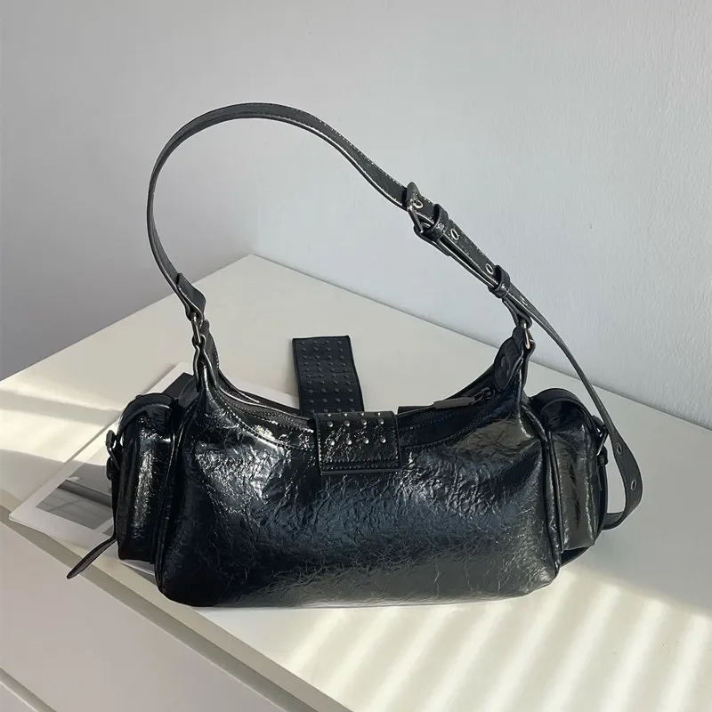 Punk Multi-Zipper Tassel Rivet Motorcycle Bag Fashion Hobos Women Shoulder Bags Y2K Half Moon Underarm Bag Trend Handbags 2024