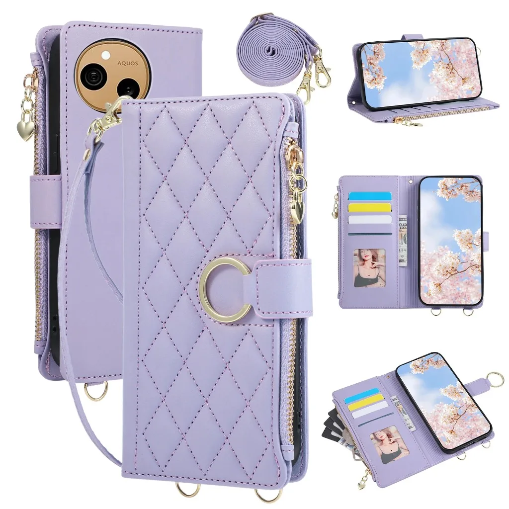 Quilted Zipper Wallet Phone Case with Crossbody Strap and Card Holder
