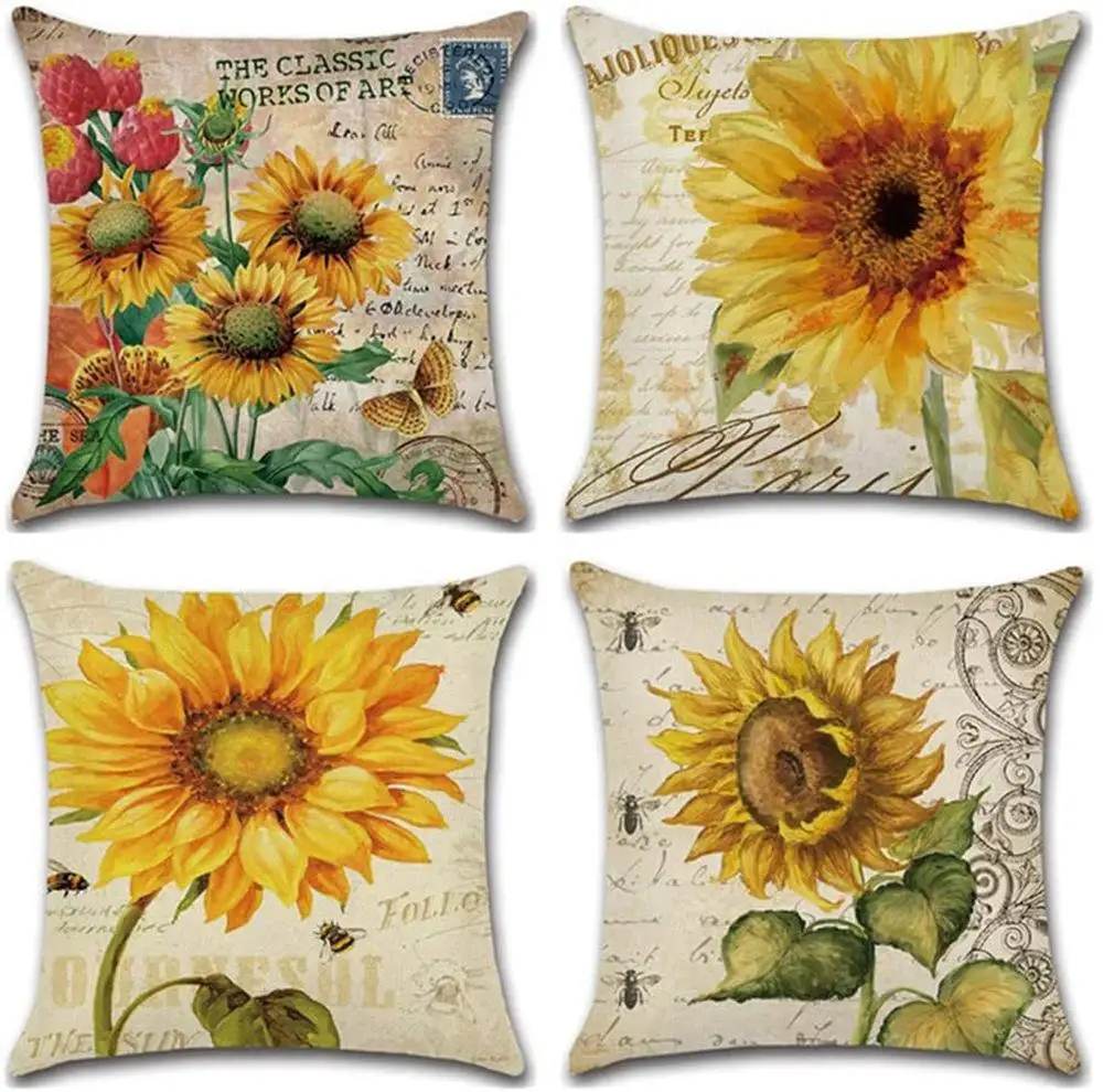

45x45cm Linen Cotton Sunflower Pillow Covers Cushion for Custom Print Home Decorative Throw Pillow Case