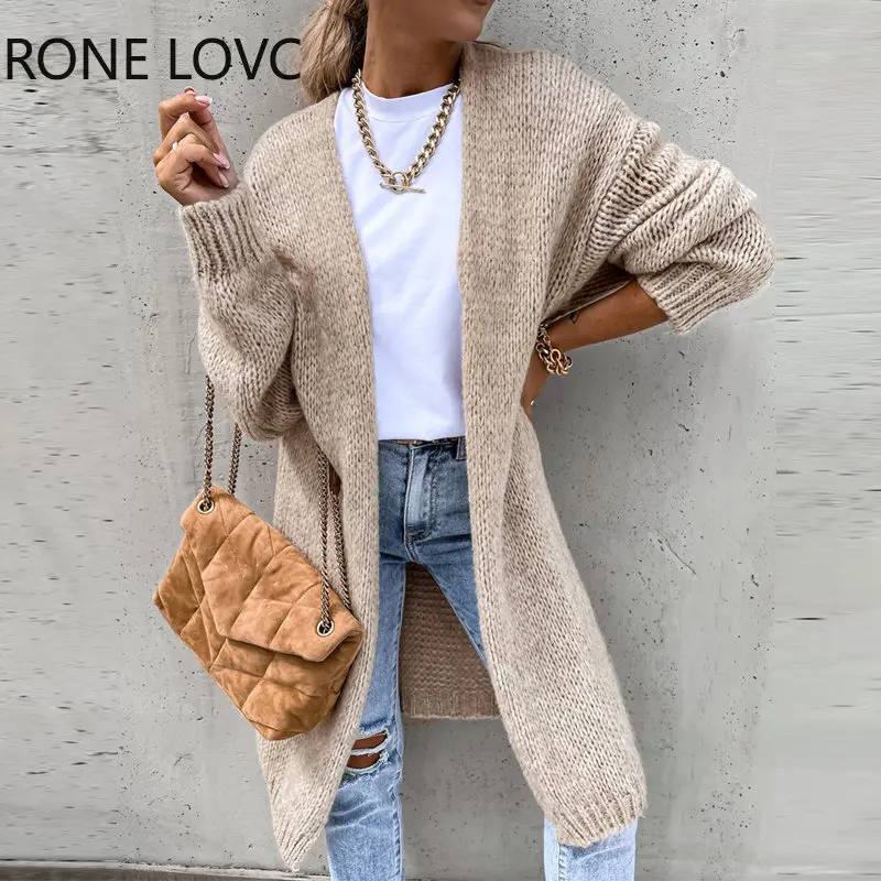 Chaquetas largas de punto para mujer, Tops de punto abierto, manga larga, sólido, otoño y primavera _ - AliExpress Mobile