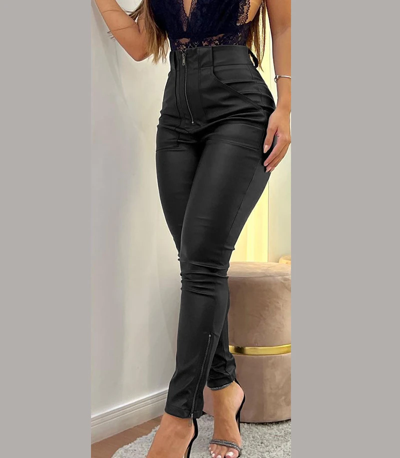 Sexy Pants Women 2023 Autumn Winter Fashion High Waist Pocket Zipper Design PU Leather Pants Long Skinny Trousers Y2k Streetwear