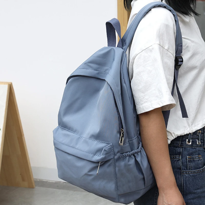 Simple Solid Color Shoulder Backpacks Bookbags Nylon Large Capacity Travel Knapsacks Women Girls Student Daily Zipper Schoolbags