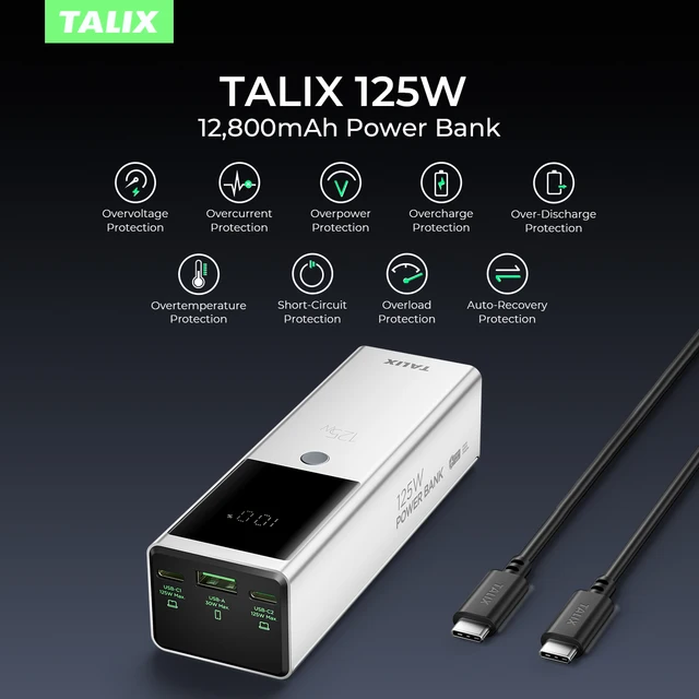 TALIX 125W power bank fast charging 12800mAh USB C laptop power bank for Outdoor office travel essentials
