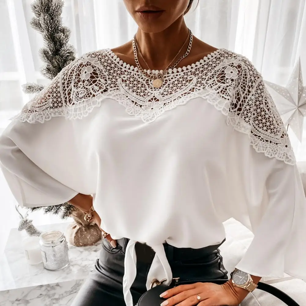 

Women Lace Top Elegant Crochet Lace Blouse with Three Quarter Sleeves Round Neck Solid Color Loose Ol Style T-shirt for Women